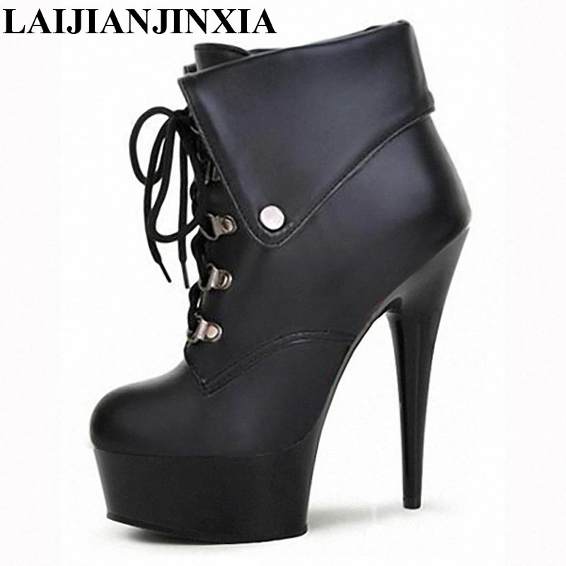 Black Lace Up Sexy Spring Women Pole Dance Shoes Club Dancing Shoes Platform 15cm High Heels Ankle Boots