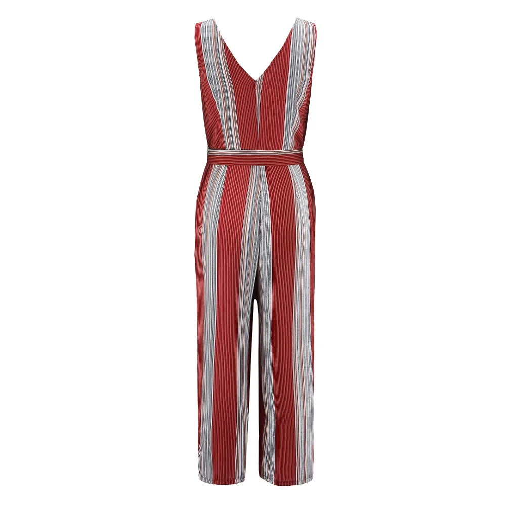 Women's Sexy Red Striped Sling Jumpsuits V neck Casual Playsuits Summer Lady Party Sleeveless Backless Beach Club Lacing Bow | Женская