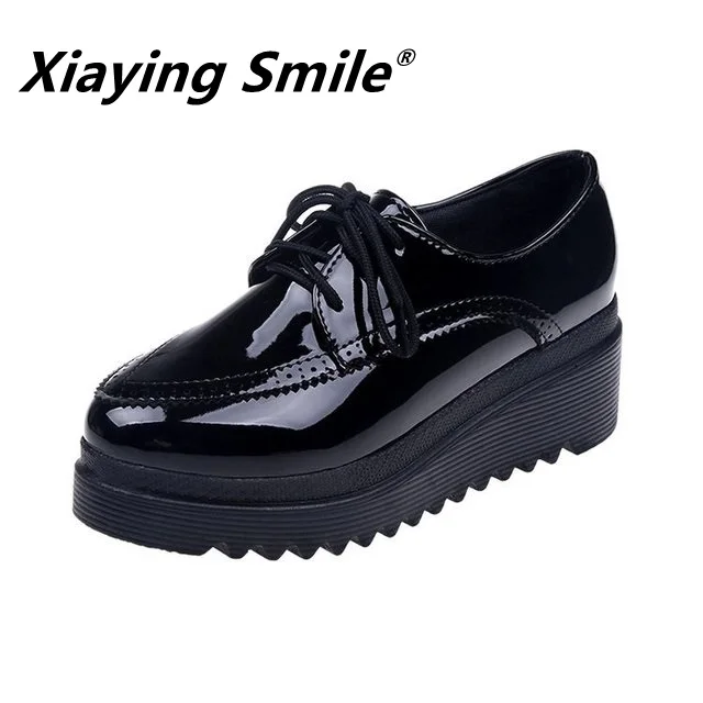 

Женские туфли на толстой подошве Xiaying Smile shose, повседневные туфли в британском ретро-стиле с вырезами, на шнуровке, Размеры 35-39