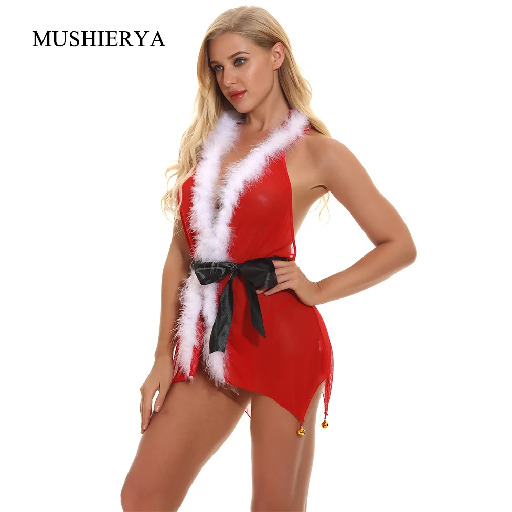 Сексуальное нижнее белье Рождественские соблазнительные бэбидоллы для женщин, глубокое V-образное прозрачное сетчатое белье, костюмы для сексуальных игр плюс-сайз