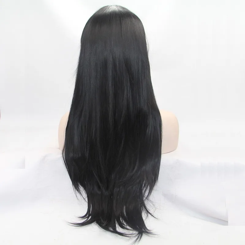 Парик из натуральных черных волос с длинными прямыми синтетическими кружевными