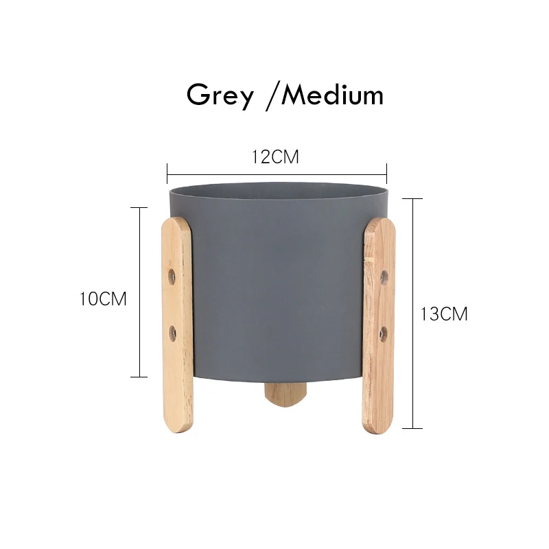Grey M 1pc Macaron Color Flowerpot Iron Planter Pot with Wooden Stand Home Decor Craft Green Plant Pot with Hole - Цвет: Grey M