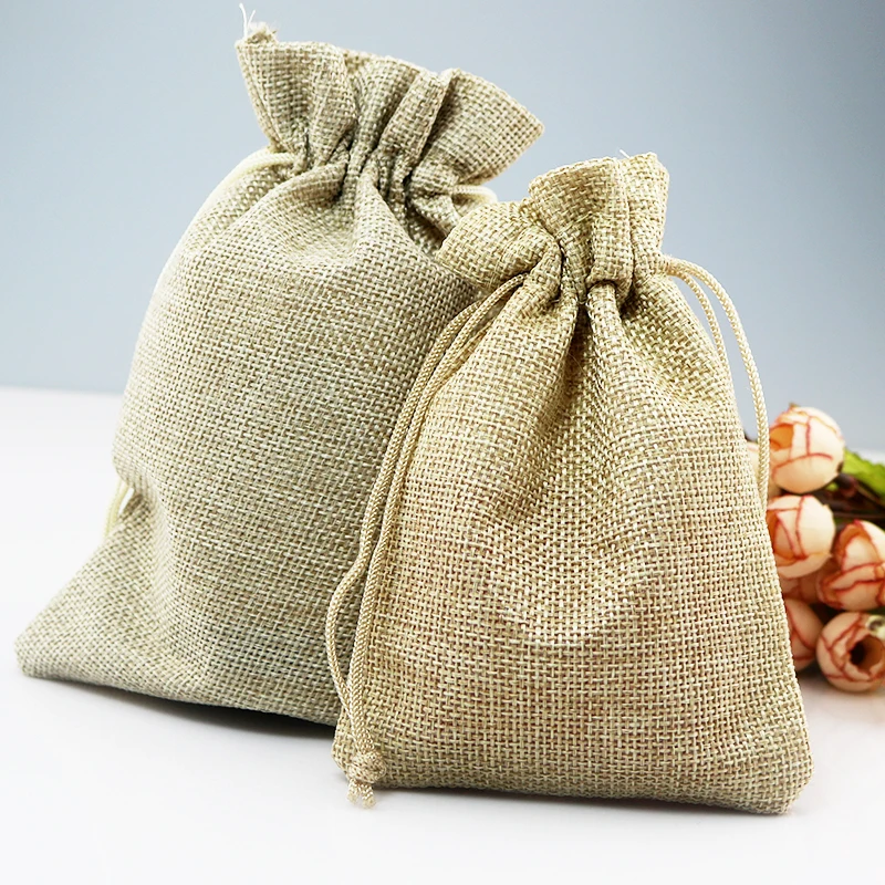 

10x14cm 50pcs handmade gift bags Custom Drawstring Pouches Natural Jute bags burlap jewelry package bags for Weddings Parties