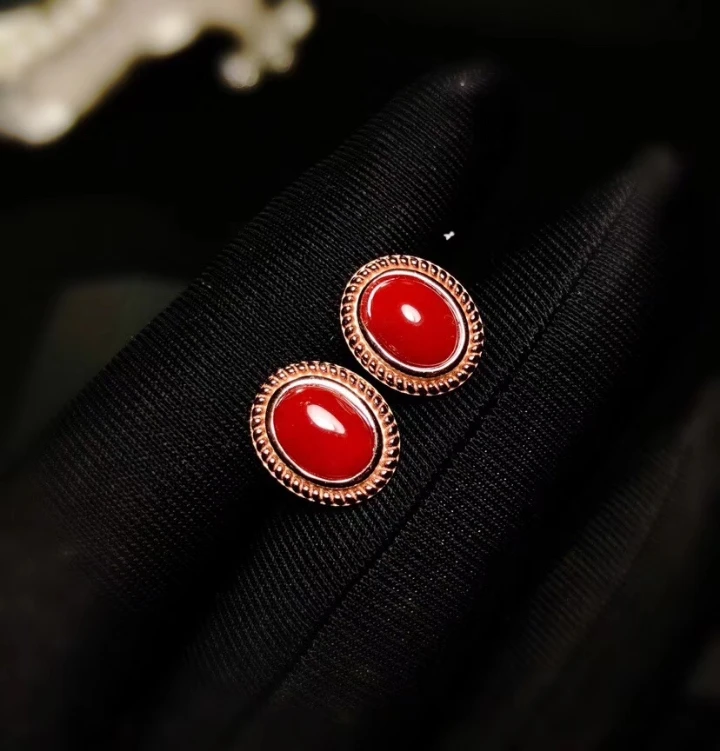 

natural red coral gem earrings 925 silver Natural gemstone earring women fashion elegant round Hemp flowers women jewelry