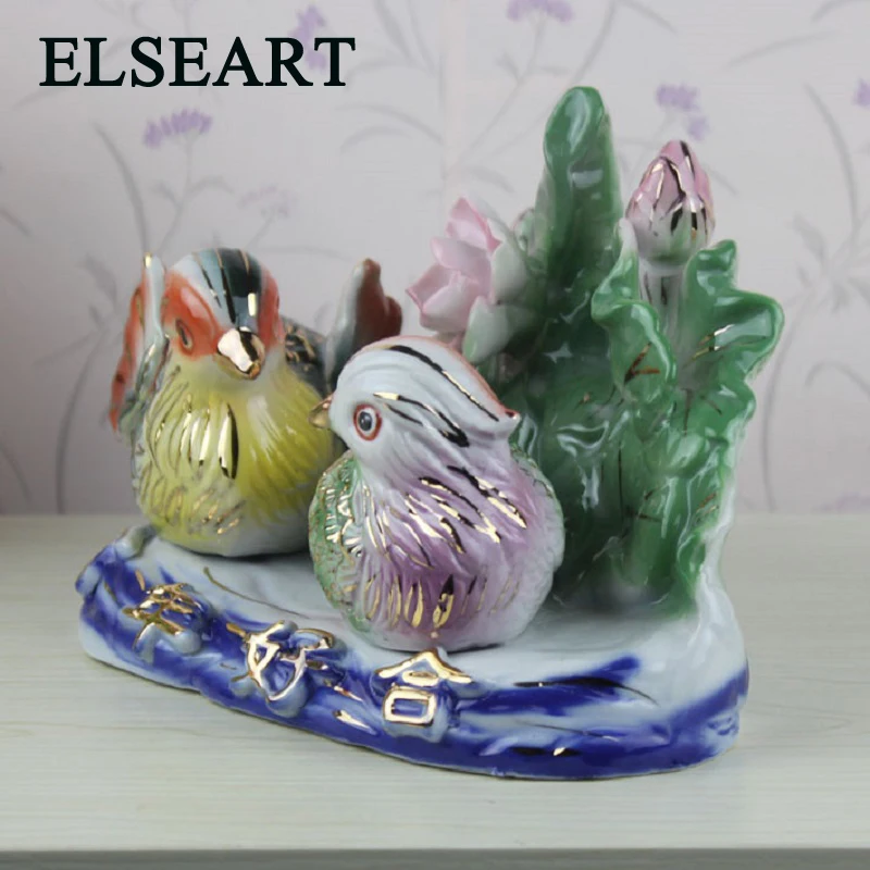 

Elseart color painted ceramic beautifule couple of mandarin ducks figurine ornament craft for home decoration