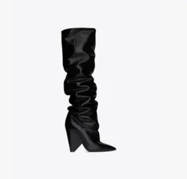 black leather Stylesowner/Новинка; сапоги до колена из натуральной кожи с острым носком на высоком каблуке-шпильке; женские модные плиссированные сапоги без застежки; mujer zapatos - Цвет: black leather