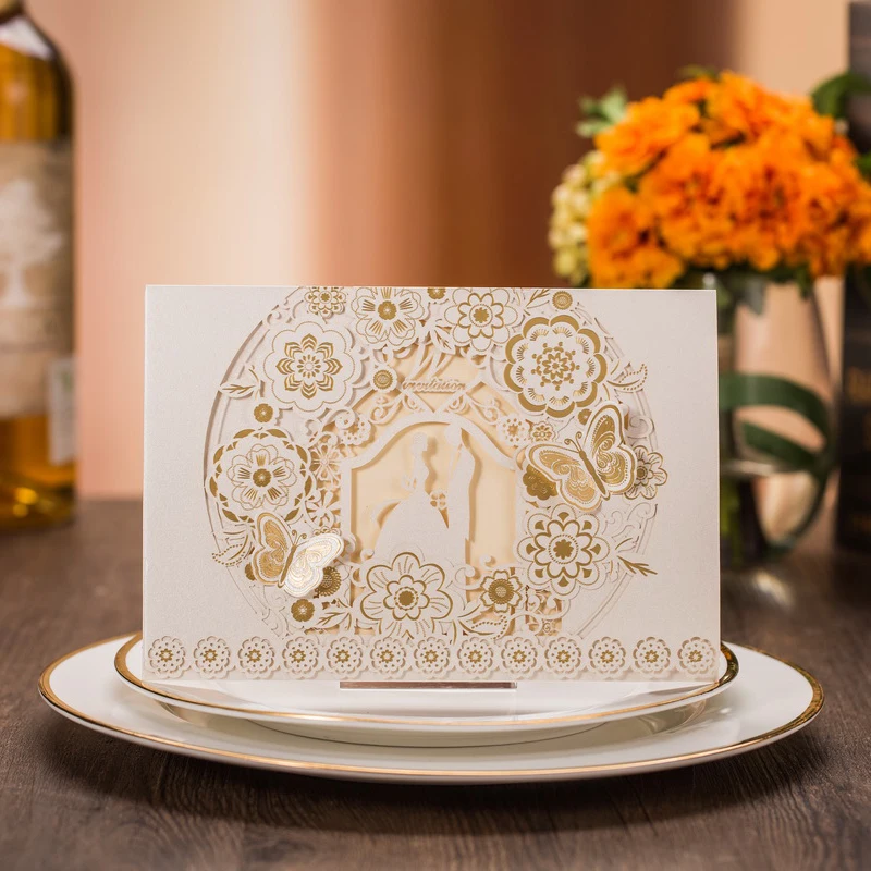 

(20 pieces/lot) Hollow Out Flower European White Wedding Invitation Gold Foil Butterfly Bride & Groom Party Invite Card CX024