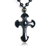 natural stone obsidian cross amulet pendant necklace hand carved pendant with lucky free beads chain for women men jewelry