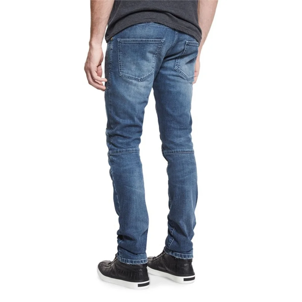 Мужские синие джинсы ребра Дизайн Biker Denim проблемных Рваные молнии брюк Slim Fit