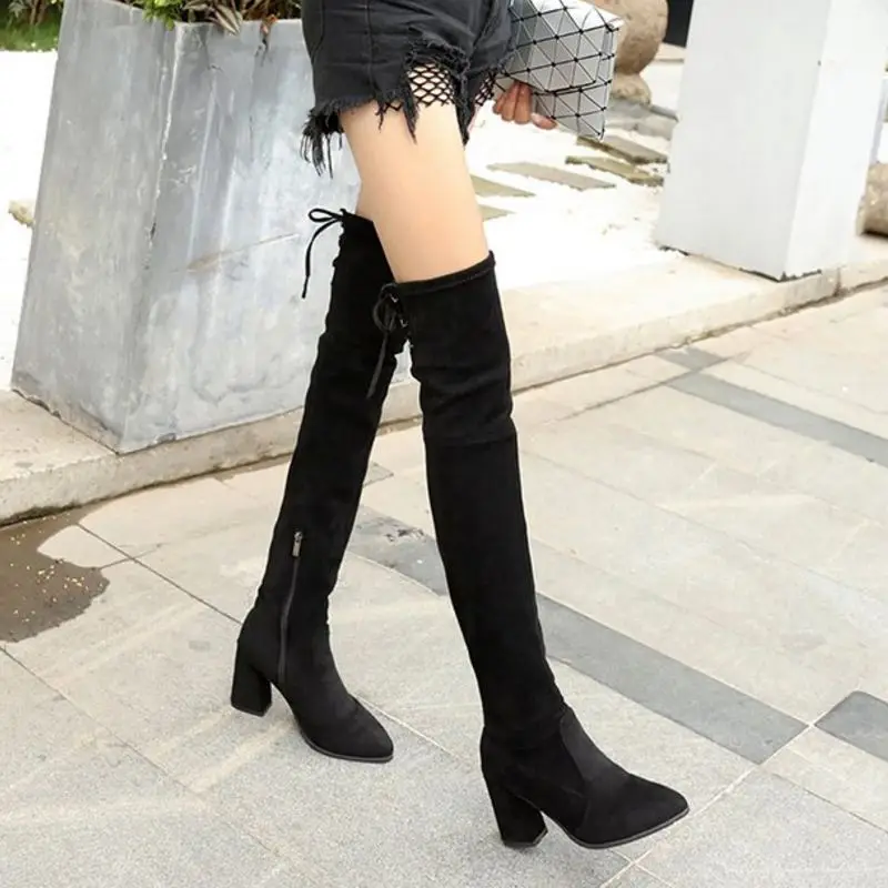 RIZABINA/Новое поступление Модные женские зимние сапоги выше колена с острым носком