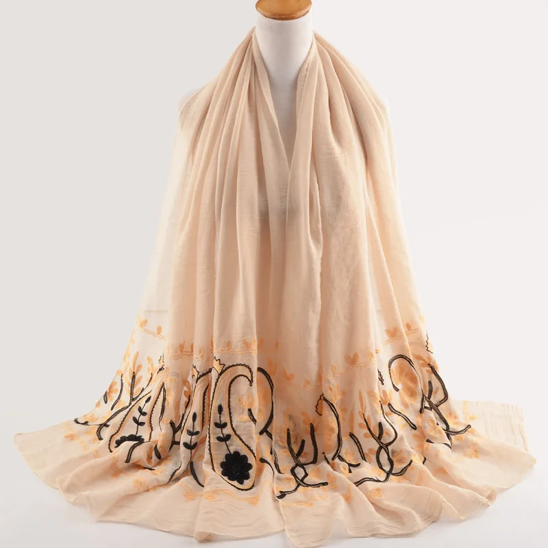 H1187a последние вискоза хлопок мусульманин длинный шарф с вышивкой женщин тюрбан