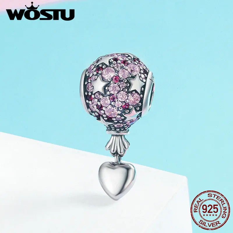 WOSTU роскошный 925 пробы Серебряный Романтическая любовь воздушный шар Подвеска Шарм подходит бусины браслет ожерелье ювелирные изделия подарок CQC517