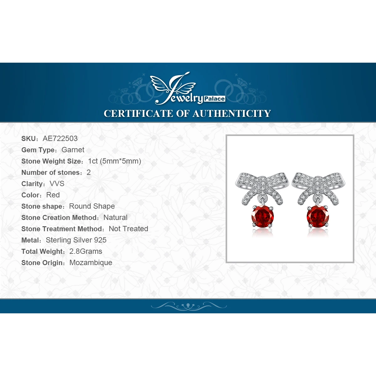 JewelryPalace проложить бантом 1ct Подлинная Гранат мотаться серьги серебро 925 ювелирные