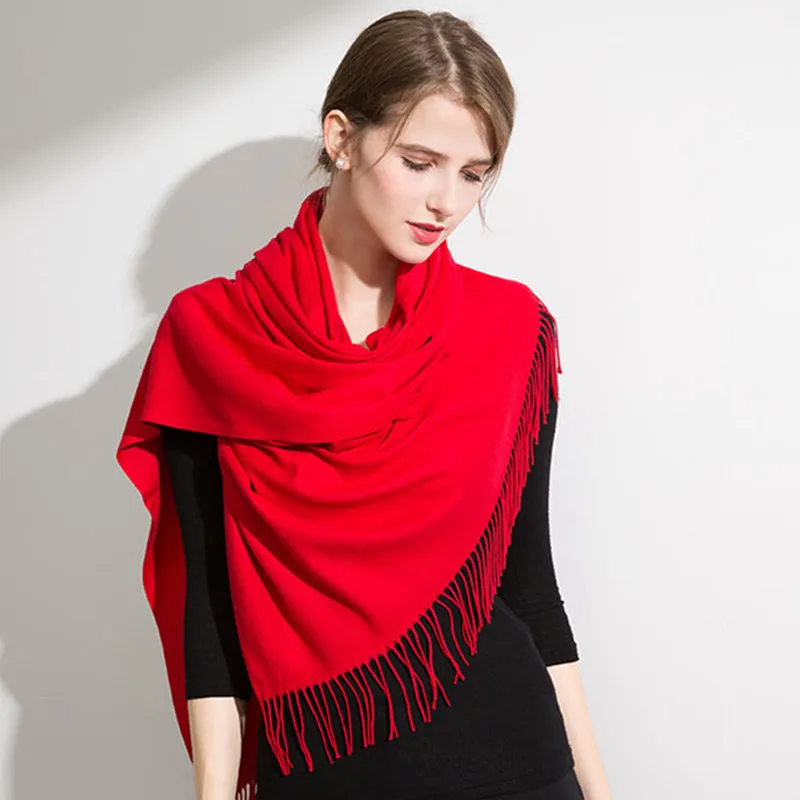 Новый Для женщин Сплошной кашемировые шарфы с кисточкой леди зимний шарф толстый