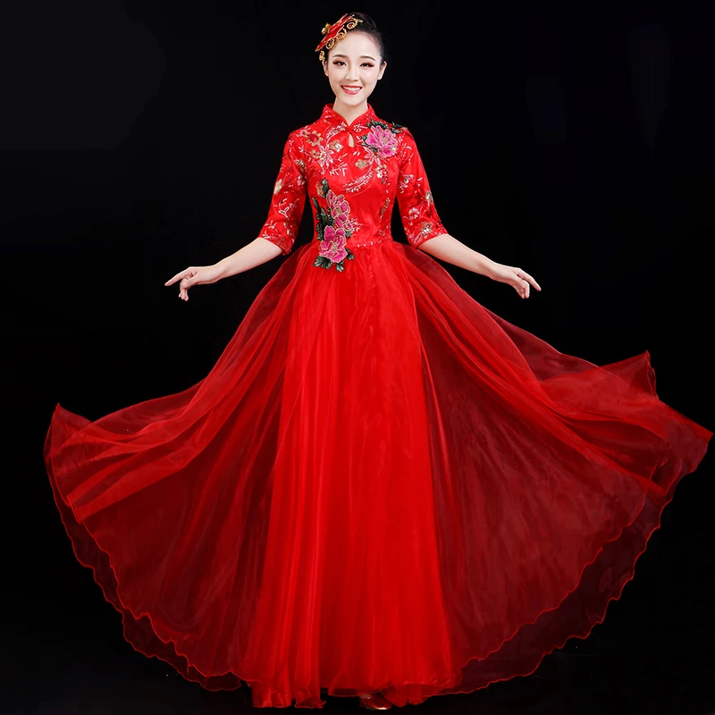 2019 Big swing skirt costumes new modern opening stage chorus costume guzheng dance long female adult S-XXXL | Тематическая одежда