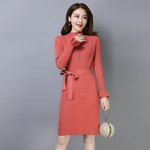 Woman Dress 2019 New Autumn Winter Long Lseeve Sweater Medium Solid Slim Pencil Ladies Casual Knit Vintage Robe | Женская одежда