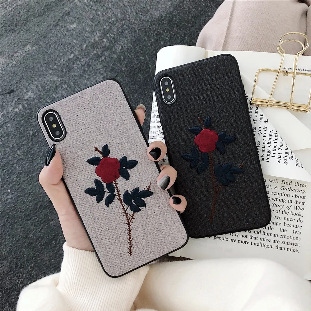 Embroider Rose Phone Case For Apple iPhone 7 Plus Vintage Flora Cases 6 6s 8 X XS MAX XR High Quality Soft Cover |