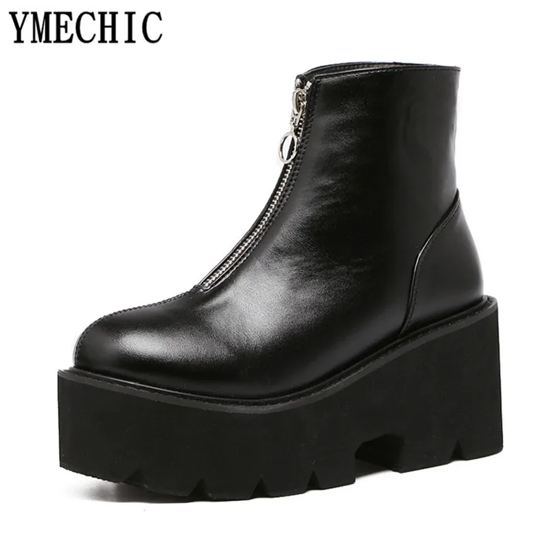 YMECHIC/ г.; зимние ботинки черного цвета на платформе в стиле панк; женская обувь на танкетке с молнией в готическом стиле; ботильоны размера плюс; ботинки на не сужающемся книзу массивном каблуке; обувь