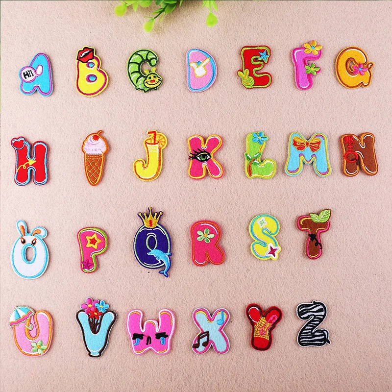 

A-Z 1PC colour cartoon English Alphabet Letter Mixed Embroidered Iron On Patch For Clothing Badge Paste For Clothes Bag Pant Sew