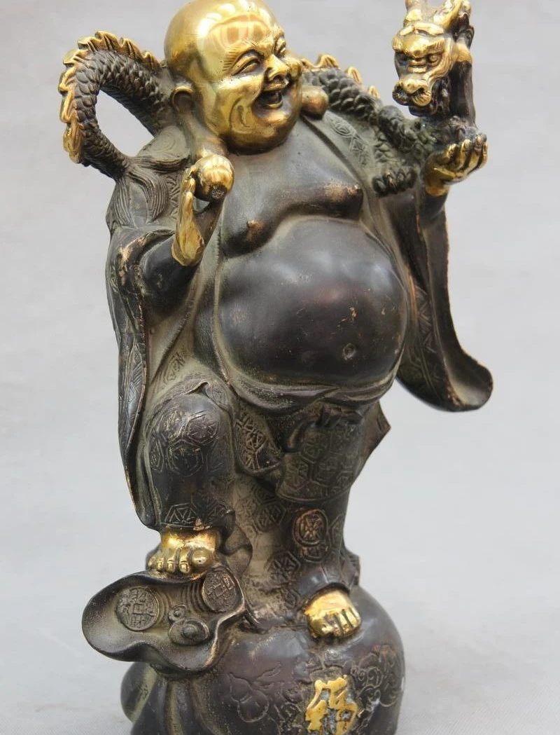 Китай Буддизм Бронза медь Лаки Богатство Фу Дракон Майтрейя Рохан Статуя Будды |