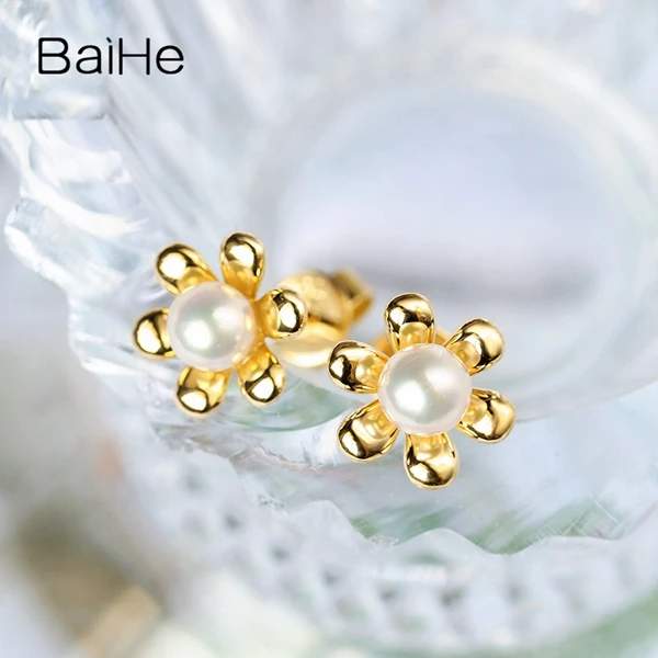BAIHE Solid 14K желтое золото(AU585) 4-4,5 мм натуральная пресноводная жемчужина свадебные модные ювелирные изделия подарок серьги-гвоздики