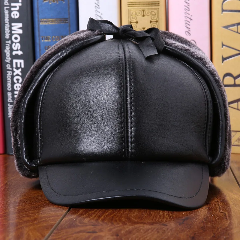 

Men's Genuine Leather Hat Headgear Cowhide Male Ear Protection Warm Hats Winter Cotton Hat Men's Baseball Hat B-7274