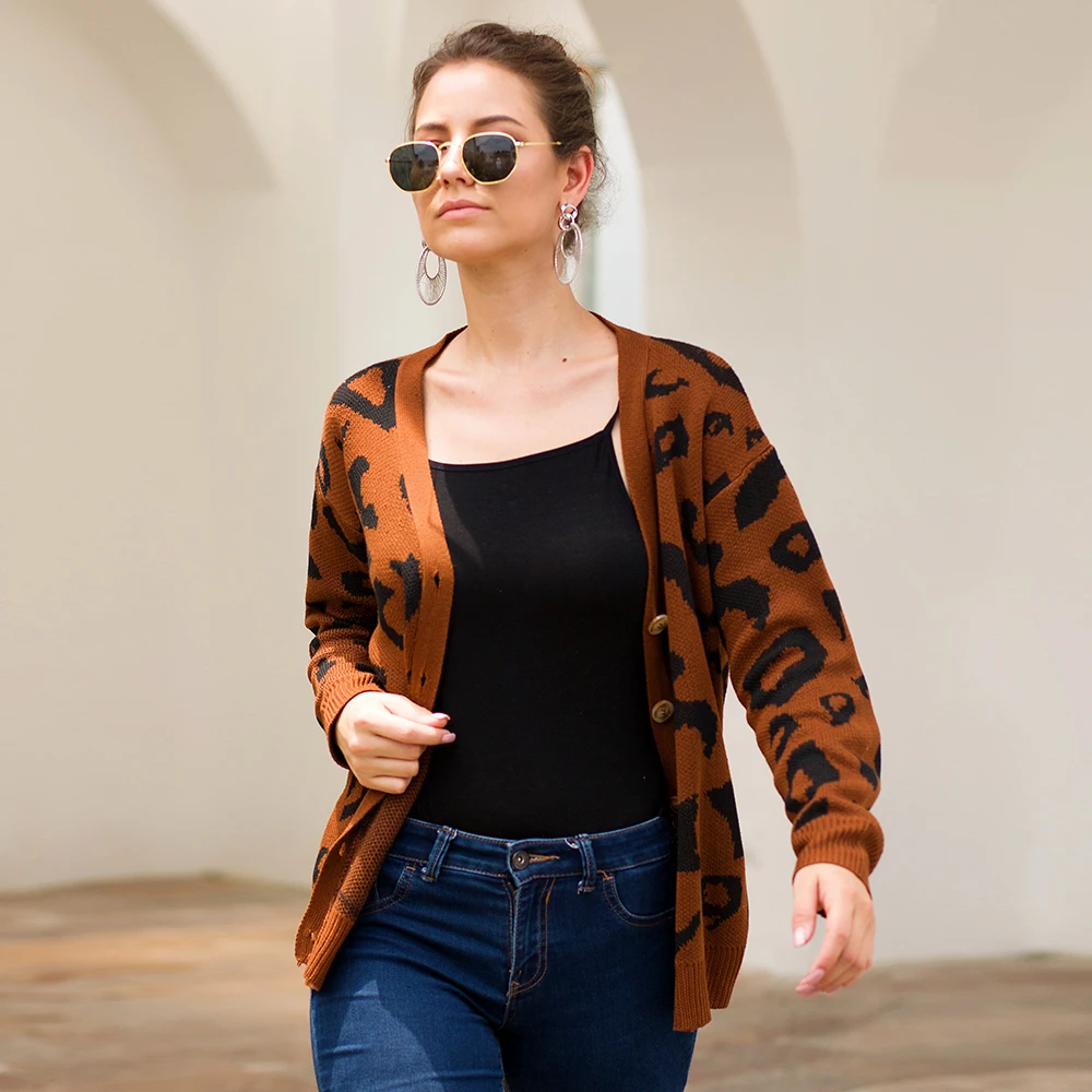 Leopard Button Cardigan Women Winter Khaki Sweater Long Sleeve Knit Clothes V Neck Slim Jumper Chompas Para Mujer |