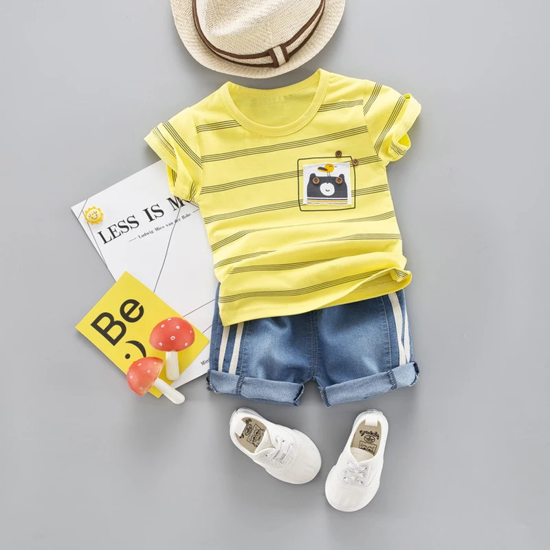 Kids Summer Outfit Toddler Baby Boy Stripe Cotton Clothing Set Cute Cartoon Children Boys T-Shirt+Shorts Suit | Детская одежда и