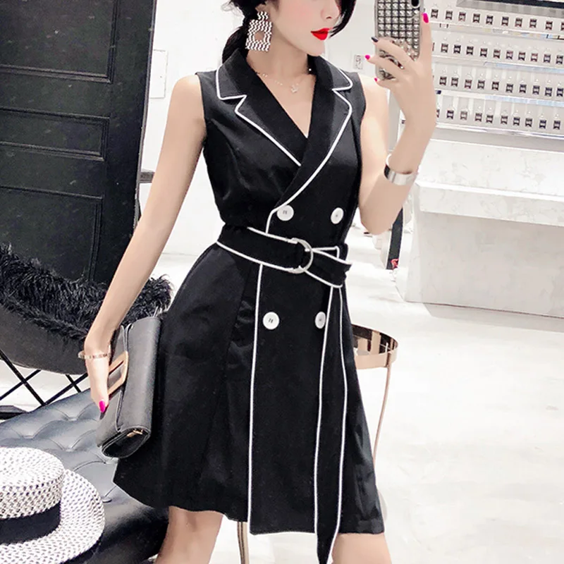 Возможно U офисное женское черное белое платье без рукавов на пуговицах сарафан