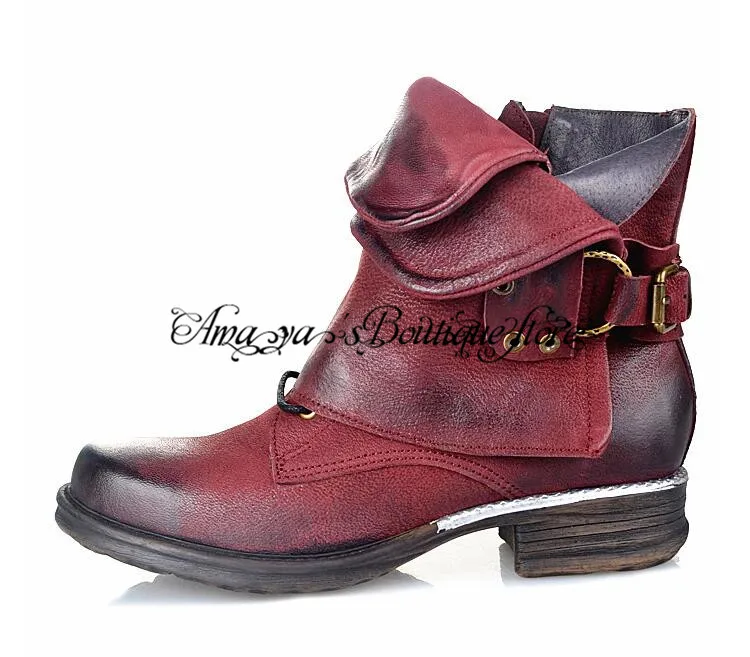 Винно красные женские ботильоны из натуральной кожи в стиле панк мотоциклетные