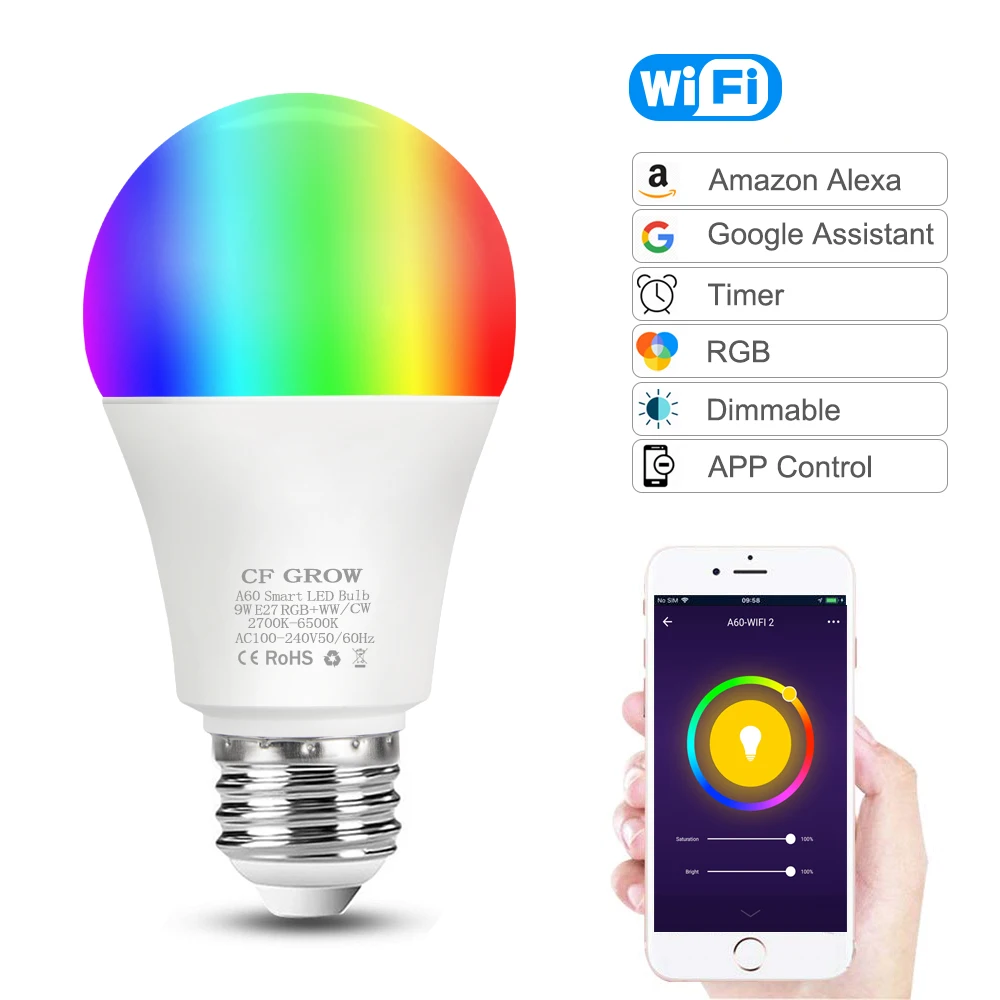 

Умная лампа с Wi-Fi, 9 Вт, 10 Вт, 12 Вт, E27, A60, RGB, волшебная лампа для пробуждения, совместимая светильник ением для дома и прихожей, 220 В