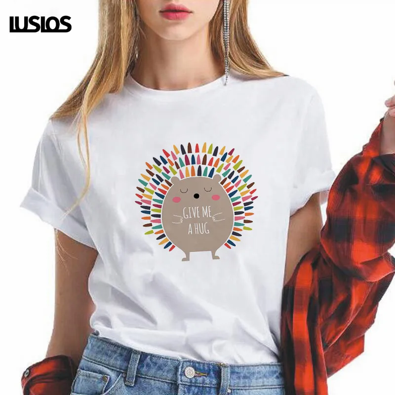 Женская футболка LUSLOS GIVE ME A HUG белая Повседневная с коротким рукавом и круглым