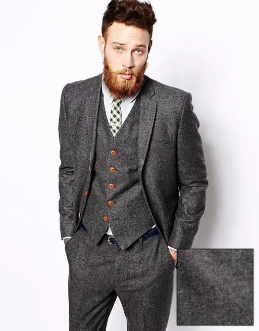 

British Style Gray Tweed Groom Tuxedos 3 Piece Italian Style Mens Wedding Prom Dinner Suits Autumn Winter Man Suit