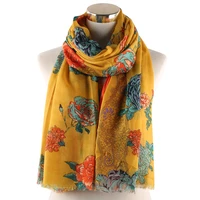 winfox fashion navy pink yellow soft long viscose female scarves and wraps hijab floral print scarf shawl for women
