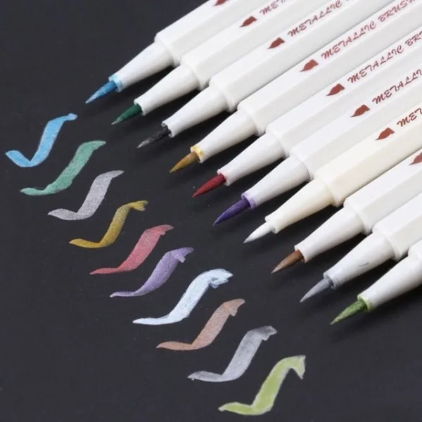 Brush Tip Металлические маркеры для каллиграфии-набор из 10 цветов, металлические цветные ручки для рисования скал, дизайн кружек, изготовление открыток, сделай сам - Цвет: Brush Tip