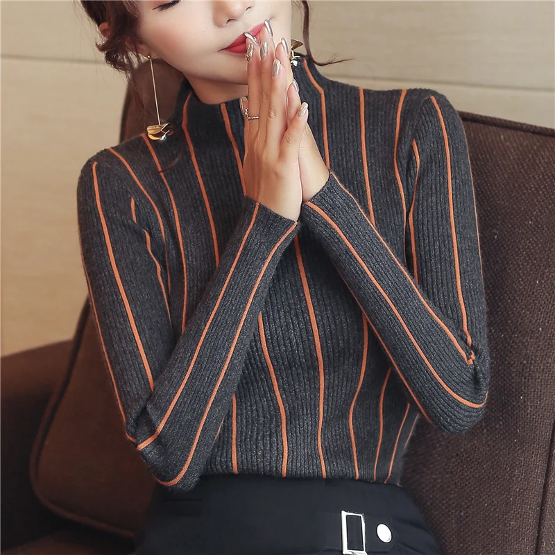 Women's Clothing Pullover Turtleneck Female 2021 Autumn and Winter Striped Women Sweater Bottom Shirt Causal Sweaters 1326 80 | Женская