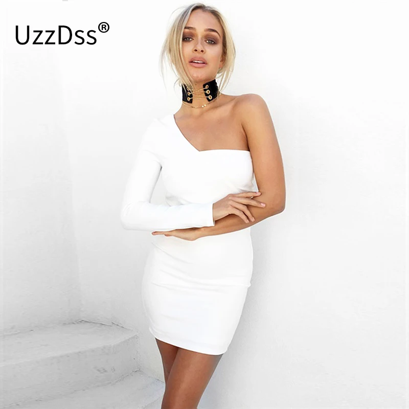 UZZDSS осеннее Элегантное Белое Облегающее платье на одно плечо с открытой спиной