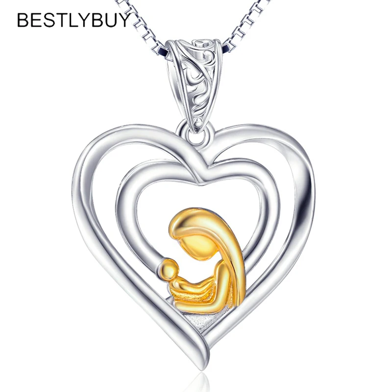 

BESTLYBUY 925 Sterling Silver Mother and Child Heart Necklaces & Pendants For Women Girls Fine Jewelry Gift Free Shipping