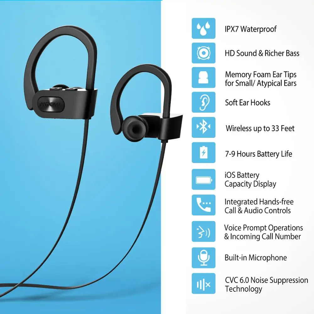 Mpow Flame Bluetooth спортивные наушники Наушники Водонепроницаемые IPX7 беспроводные 7-9
