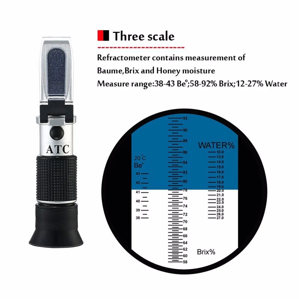 

Newest Handheld refractometer Refraction Tools 58~92% Brix 38~43 Be Baume Honey Wine Water Contents (12 - 27%) Refractometer