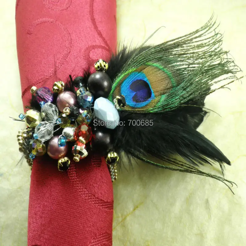 

black peacock gemstone napkin ring, feather gem napkin holder