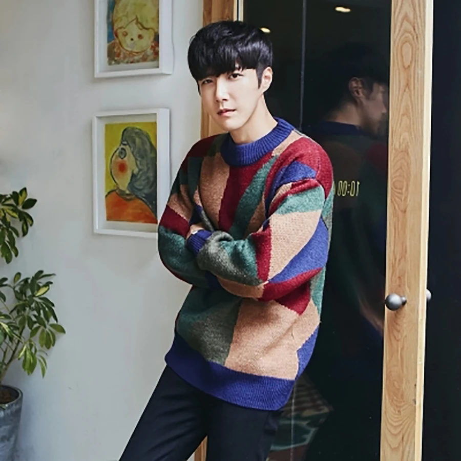 Модный повседневный вязаный мужской свитер теплый шерстяной Ретро пуловер в