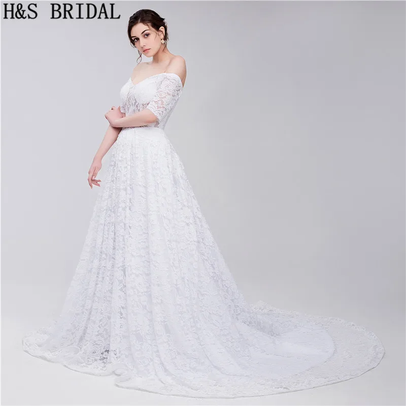 H &amp S свадебное кружевное платье с открытыми плечами vestido de noiva Короткое рукавами