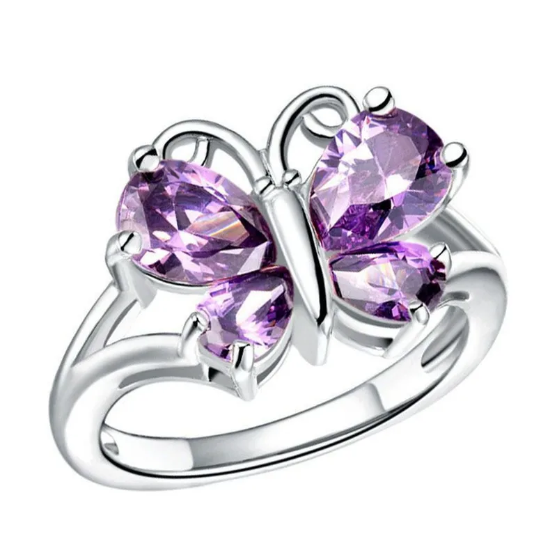 Purple Аутентичные 925 стерлингового серебра Бабочка и сверкающие 5 цветов CZ палец кольцо для женщин стерлингового серебра ювелирные изделия свадебные подарки - Цвет основного камня: Purple
