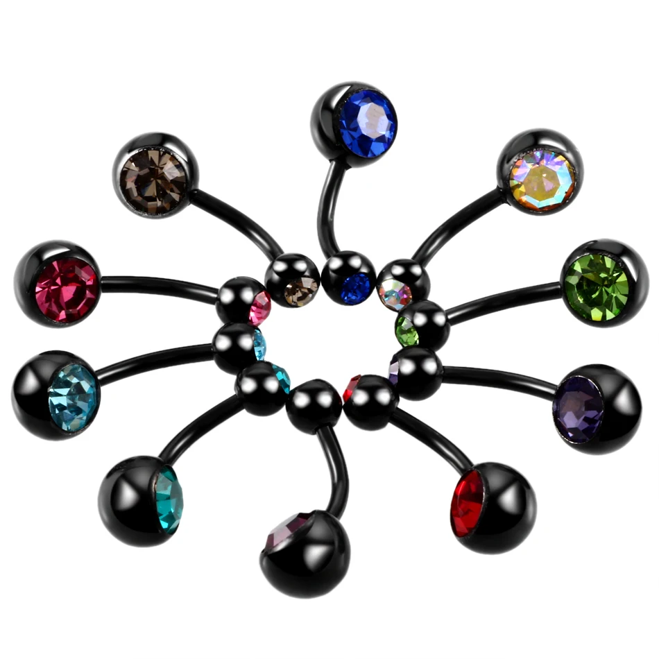 10PCS Steel Navel Bar Black Belly Button Rings Piercing Double Gem Ombligo Navel Piercing Dangel Earrings Sexy Piercing Jewelry