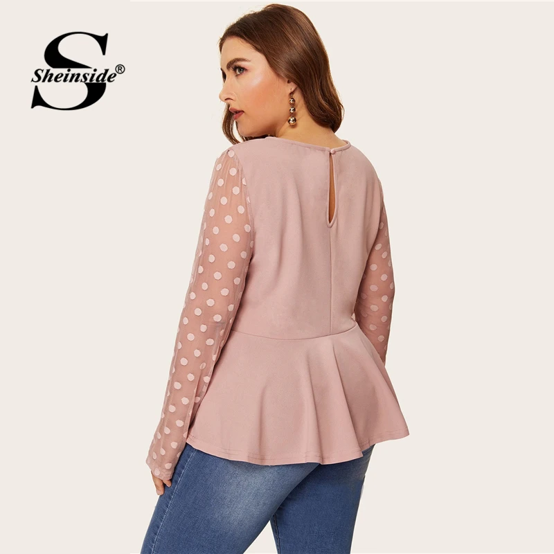 Sheinside размера плюс элегантная блуза в горошек с сетчатыми рукавами для женщин Весна с рюшами свободные к низу блузки для девушек Сплошной вырез сзади Топ