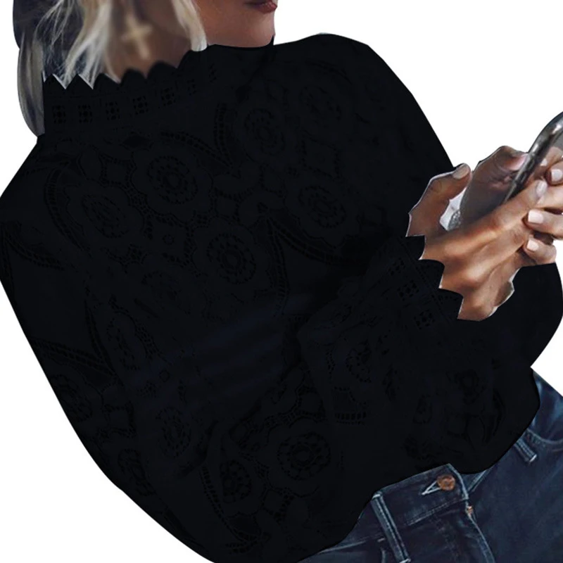 Women Lace High Collar Long Sleeve Tops Crochet Chiffon Blouse Solid Color Retro |