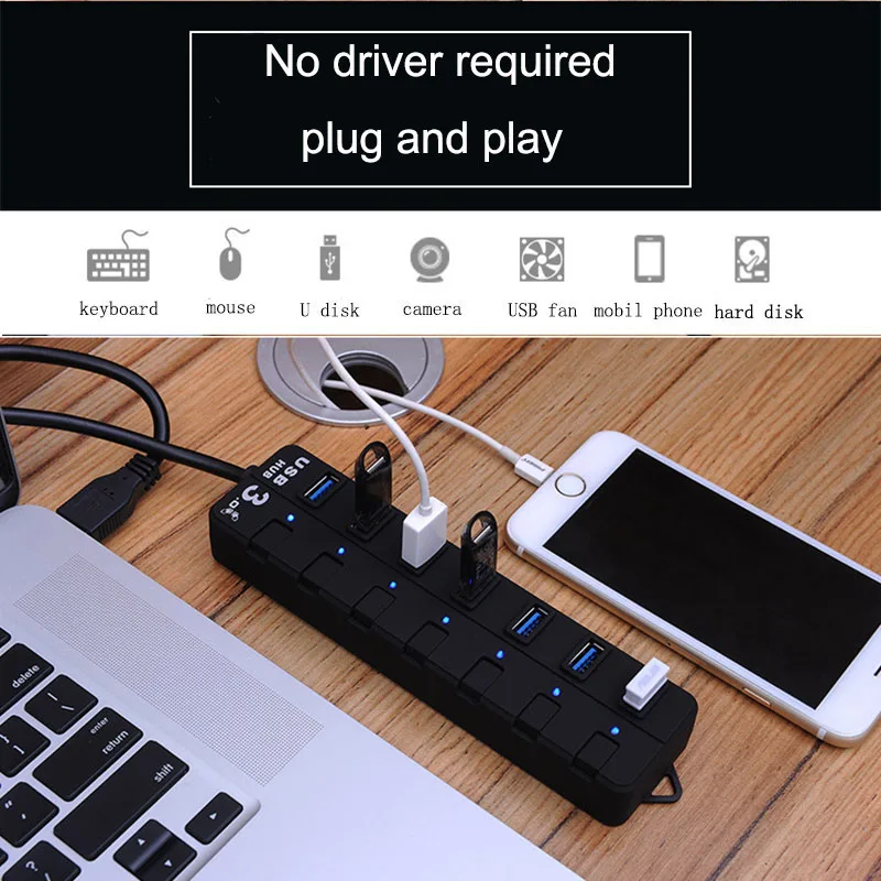 SUODAO High Speed 4 / 7 Port USB 3.0 Hub Splitter On/Off Switch with EU/US Power Adapter for MacBook Laptop PC | Компьютеры и офис