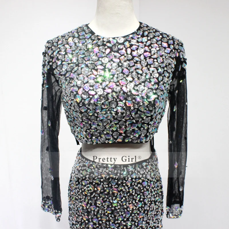 Sheer Длинным Рукавом Кристалл Полностью Бисероплетение Черный Шифон Русалка