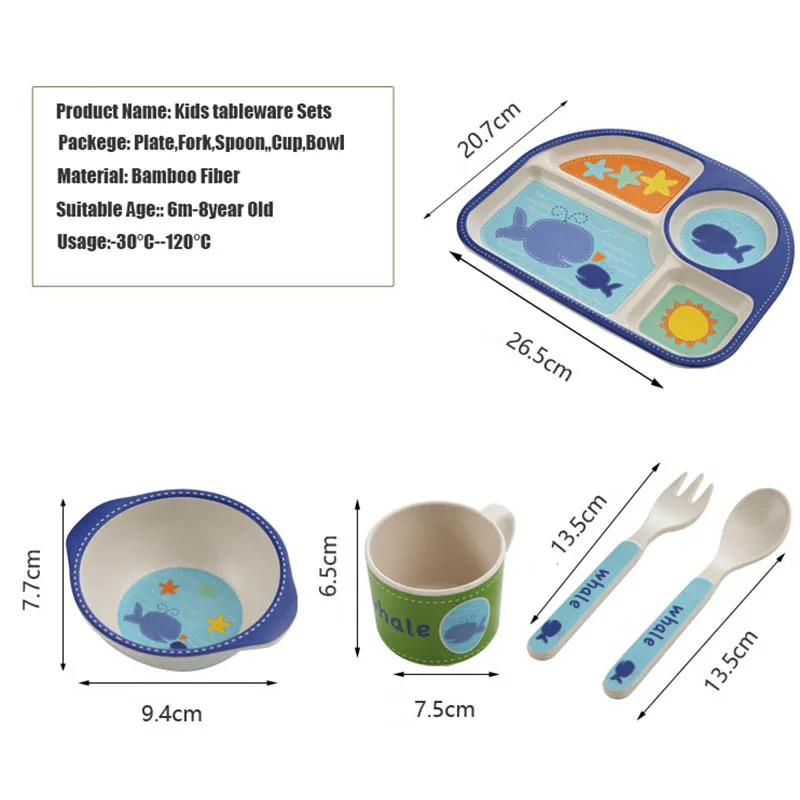 5 Pcs/Set Kid Bamboo Fiber Dinnerware Set Baby Plate Children Cartoon Separation Bowl Fork Spoon Cup Feeding Tableware | Дом и сад